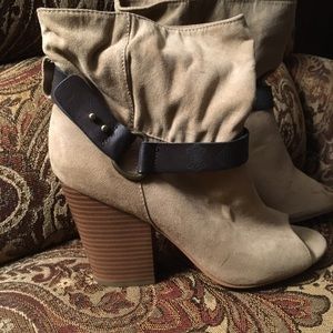 Cute suede open-toed boot heels.